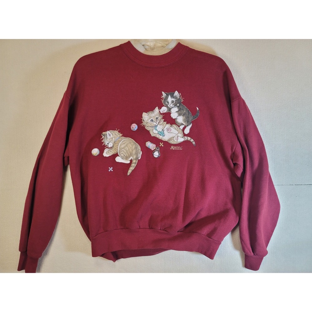 Morning Sun Vintage Sweatshirt Kittens playing Burgundy Long Sleeve XL 80's
